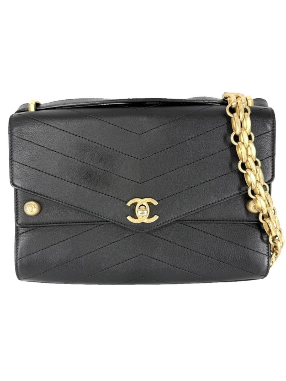 Chanel Shoulder Bag Chevron Chain CC Logo Crossbody Leather Black Gold